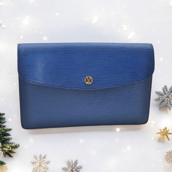 Authentic Louis Vuitton Epi Montaigne 27 Clutch Hand Bag Blue - Picture 1 of 14